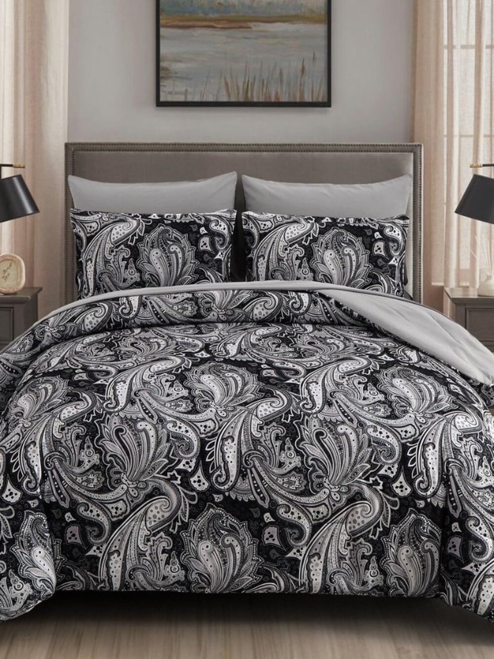 Paisley Comforter Set Queen Size 7 Piece Black and Grey Bed in a Bag